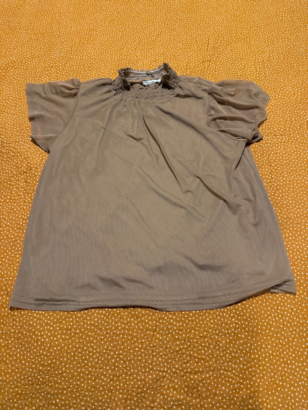 Smocked Neck Short-Sleeve Blouse in Taupe Brown
